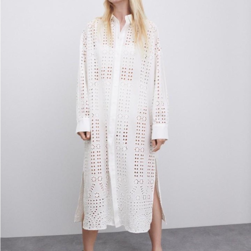 Zara White Crochet Open Embroidery Shirt Dress